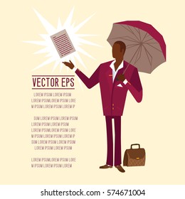 Businessman under the umbrella holding a contract. Risk insurance, cargo insurance. Flat style vector illustration.
