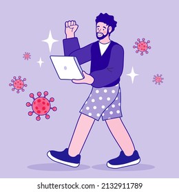 Businessman in underpants hold online webinar. Working at home during coronavirus quarantine. Stay home concept. Remote work in the home office. works at computer, laptop. vector illustration in flat.