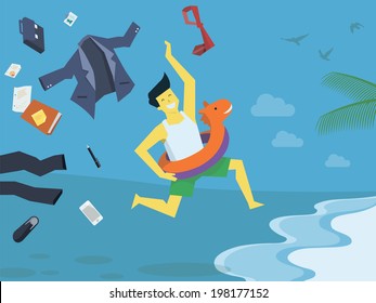 Businessman undress his suite and clothes, leave his office things and stop working,  run with swim rubber ring to the beach,  holiday and summer concept. 