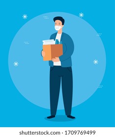 businessman unemployed and box with objects vector illustration design