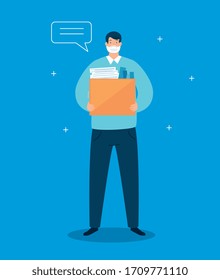 businessman unemployed and box with objects vector illustration design
