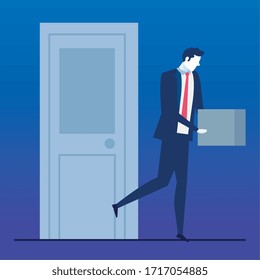 businessman unemployed sad and box with objects vector illustration design