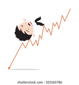 Businessman unhappy or fail and going down on the red arrow trend, road to success, presented in vector form