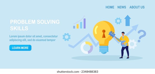 Businessman unlock new business idea. Character holding key to insert into keyhole on light bulb to reach target. Goal achievement concept. Invent new product or unlock creativity. Career opportunity