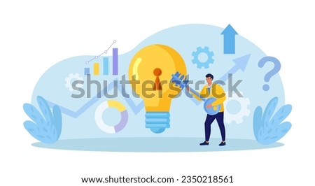 Businessman unlock new business idea. Character holding key to insert into keyhole on light bulb to reach target. Goal achievement concept. Invent new product or unlock creativity. Career opportunity