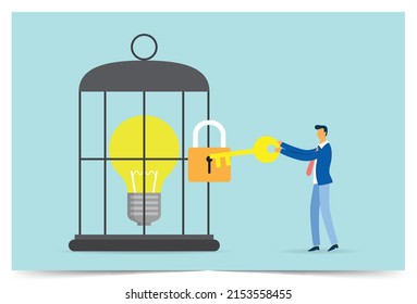 Businessman unlocks idea that is trapped in cage, Vector illustration in flat style