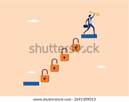 businessman unlocks the key step by step until he succeeds