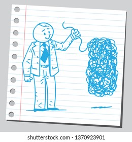 Businessman unraveling tangled rope or cable. Solving problem concept. Sketch style illustration on sticky note. 