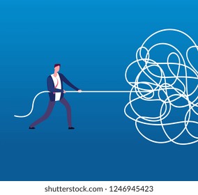 Businessman unraveling tangled rope. Difficult problem, chaos and mess vector business concept