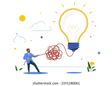 Businessman Untangle Messy Line Of Business Idea Lightbulb Or Simplify Problem. Simplify Complex Business Idea, Untangle Or Solve Business Problem. 