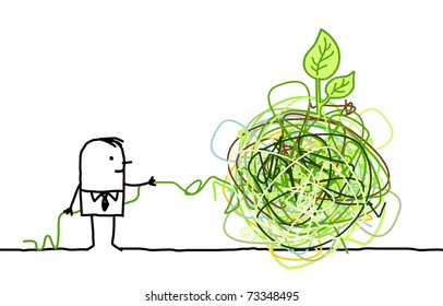 businessman untangling a green knot