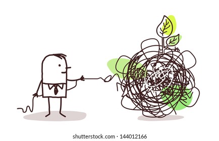 businessman untangling a knot with green leaf