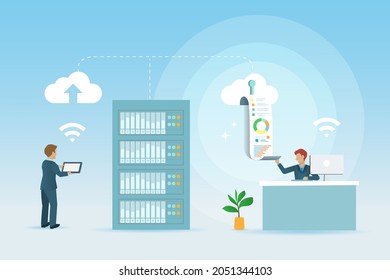 Businessman upload and download business data  on cloud computing service via smartphone and laptop. Big data storage distribution, clouds computing and innovation technology concept. 