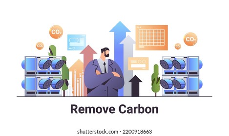 businessman with upward arrows remove carbon dioxide capture and storage responsibility of co2 emission