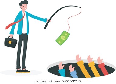 Businessman use banknote for fishing man in hole, illustration vector cartoon

