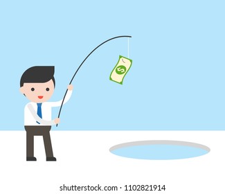Businessman use banknote and fishing rod for fishing in ice hole, business situation, flat design