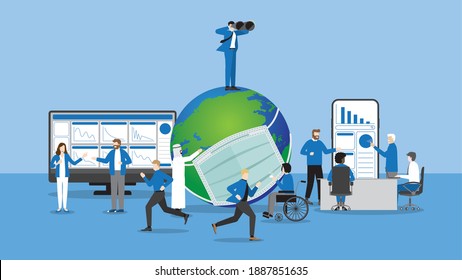 Businessman use binoculars for business opportunity with teamwork of busy office people work hard to fight the virus epidemic. Problem solving for Loss statement in the world wearing a mask with sick.