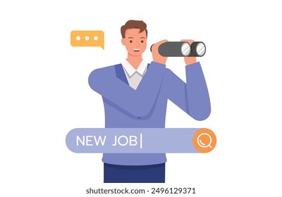 Businessman use binoculars look for new job character vector design. Flat illustration style.