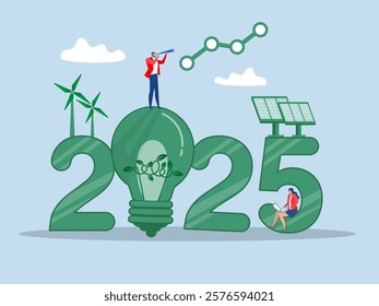 businessman use binoculars on 2025 and observed with a telescope for search to Green Eco-friendly resources sustainable use turbines  ,solar cell concept vector