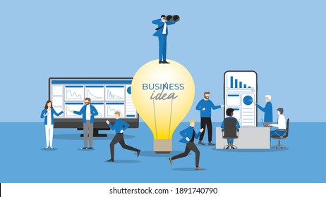 Businessman use binoculars stand on the big bulb. Look for business idea with busy teamwork. Personnel collaborate work hard to support business solution. Problem solve, lose profit and loss statement