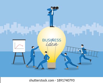 Businessman use binoculars stand on the big bulb. Look for business idea with busy teamwork. Personnel collaborate work hard to support business solution. Problem solve, lose profit and loss statement