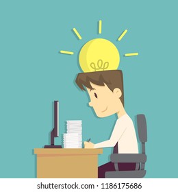 Businessman use brain and idea in his work.Cartoon of business success is the concept of the man characters business, the mood of people, can be used as a background, infographic. illustration vector