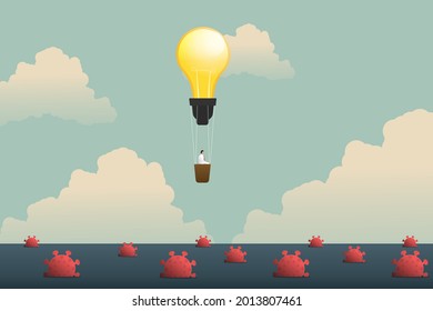 Businessman use business creativity on light bulb balloons floating across the sea coronavirus, COVID-19, creative solutions, developments, challenges vector illustration