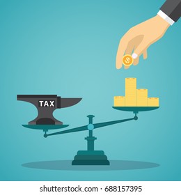 Businessman use coins balancing with TAX on scales. Vector illustration.