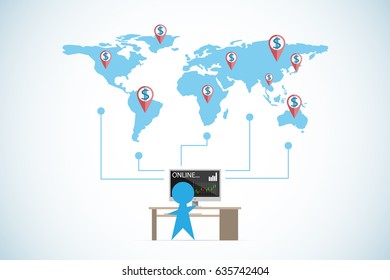 businessman use computer to find dollar location symbol, investment and business concept