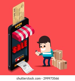 Businessman use credit card for buy item from online store,
Online shopping Ordering, Delivery concept isometric from smartphone or tablet. Vector illustrator
