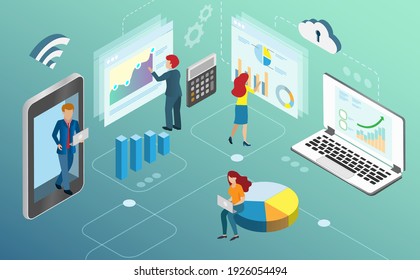 Businessman use data analytics on cloud computing analysing business growth and profit from graph charts. Idea for smart network connection technology develop business success. Isometric view.