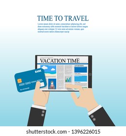 businessman use digital tablet for reading about travel information and holding credit card in hand. vector illustration flat design