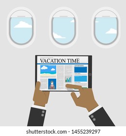 businessman use digital tablet for reading content about vacation time for travel information,plane window with sky view at background. vector illustration flat design