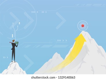 Businessman use high technology to plan for climbing to peak of mountain. Vector illustration business mission journey to success, growth, aim, goals, aspirations, strategy, motivation concept.