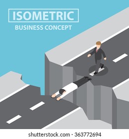 Businessman use himself as a bridge to pass a gap on the mountain, Flat 3d web isometric infographics design, VECTOR, EPS10