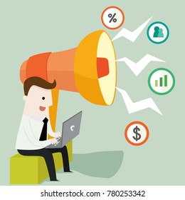 Businessman use internet for advertising, vector illustration