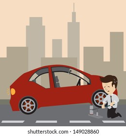 Businessman use a jack to change a tire. Vector