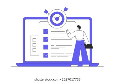 Businessman usar o alvo da lista de verificação de atualização do computador laptop para a campanha de marketing com bullseye. Ilustração plana de vetor de desenhos animados, ícone. Página inicial de design abstrato e elegante