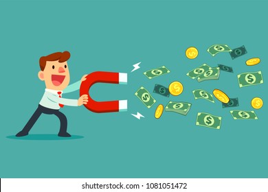 Businessman use large magnet to attract money. business concept.