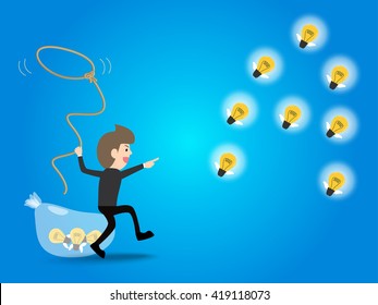 businessman use lasso trying to catch flying light bulb. concept of  freedom ideas