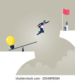 Businessman use lightbulb idea help jumping over gap, Business creative solution to goal, Solve problems