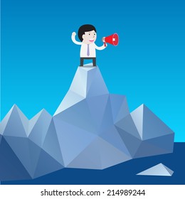 Businessman use loudspeaker talk on the mountain - Vector