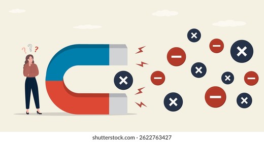 Businessman use magnet and attract negative thoughts, ban, cross signs. Bad reviews, low rating or score. Business or service receives negative reviews. Reject, restrictions. flat vector illustration