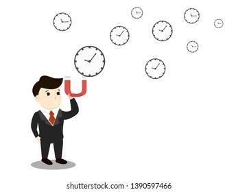 Businessman use magnet attracts time. Need and getting more time. Cartoon Vector Illustration