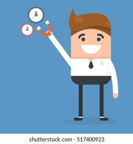 Businessman use magnet attracts time. Need and getting more time. Cartoon Vector Illustration.