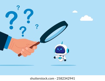 Businessman use magnifying glass to choose robot. Searching the best candidate or job. Modern vector illustration in flat style. 