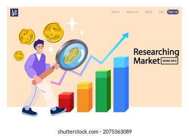 Businessman use a magnifying glass to observe gold coins. Financial investment and management. business analysis concept. Flat vector landing page template.