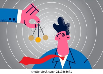 Businessman use manipulation technique of business partner or client. Man employee put hypnosis on customer. Manipulating colleague. Leadership and power. Vector illustration. 