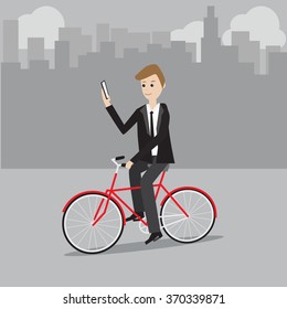 Businessman use the map on smart phone while cycling the bicycle.Technology addiction vector illustration EPS10.