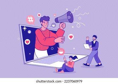 Los hombres de negocios usan megáfono y computadora. Refiérase a un cartel de concepto de amigo. Estrategia de marketing digital. charla de empleados en videollamadas en laptop con colegas diversos. contorno vectorial plano.